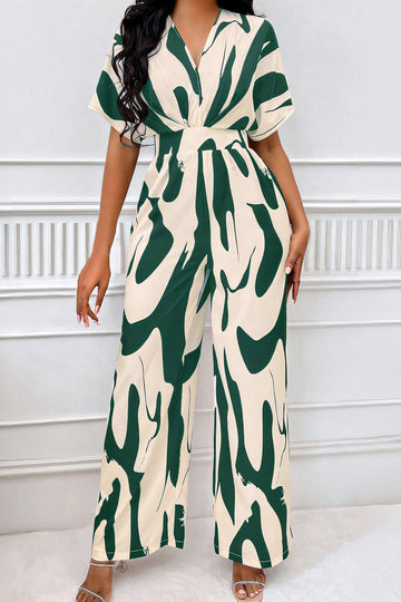 Trendy V-Neck Allover Print Thin Waist Wide Leg Jumpsuit